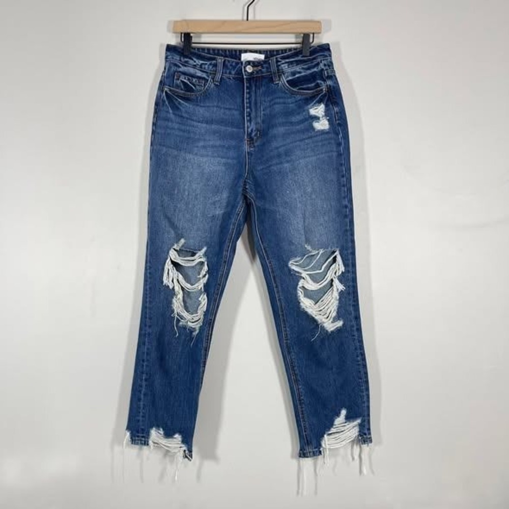 Vervet Baby Jane Distressed Hem Mom Jeans High Rise Dark Denim Destructed V2184